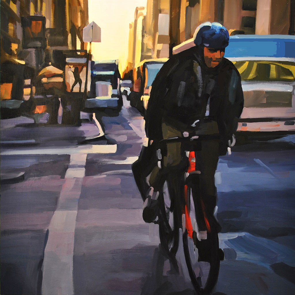 Man on a Bike, East 23rd St., painting by Lisbeth Firmin
