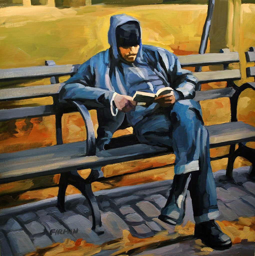 Man Reading, Tompkins Square Park, painting by Lisbeth Firmin