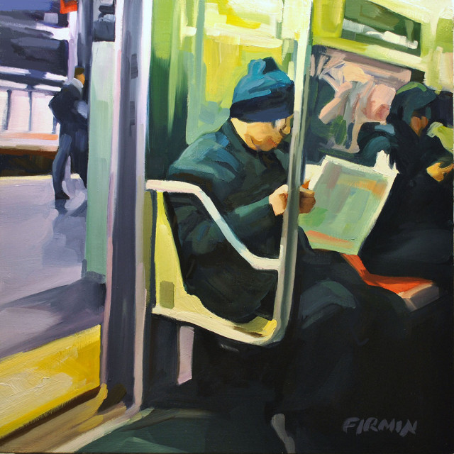 Times Square, C Train, painting by Lisbeth Firmin