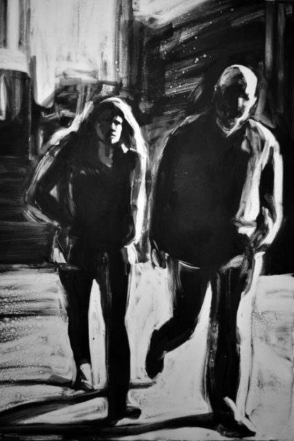 Couple Walking, monoprint by Lisbeth Firmin