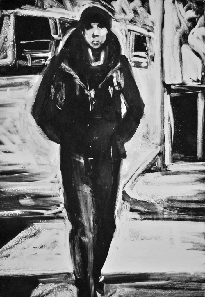 Young Man Walking, monoprint by Lisbeth Firmin
