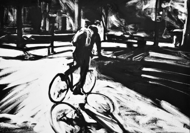 Biker, Rittenhouse Square, print by Lisbeth Firmin