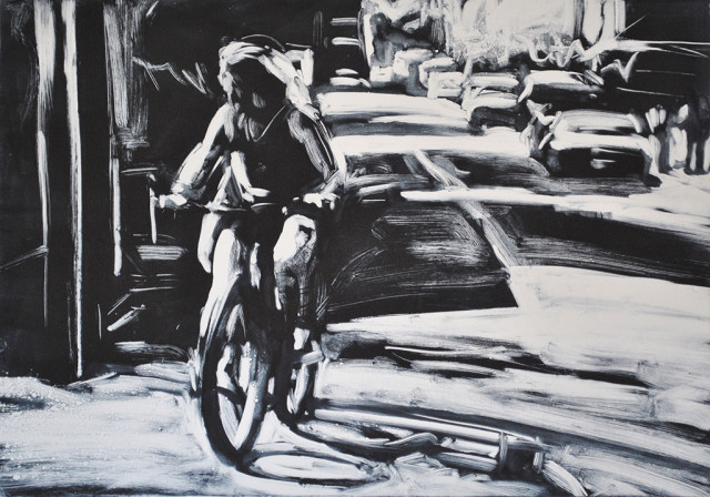 Riding the Bike, Commercial Street, print by Lisbeth Firmin