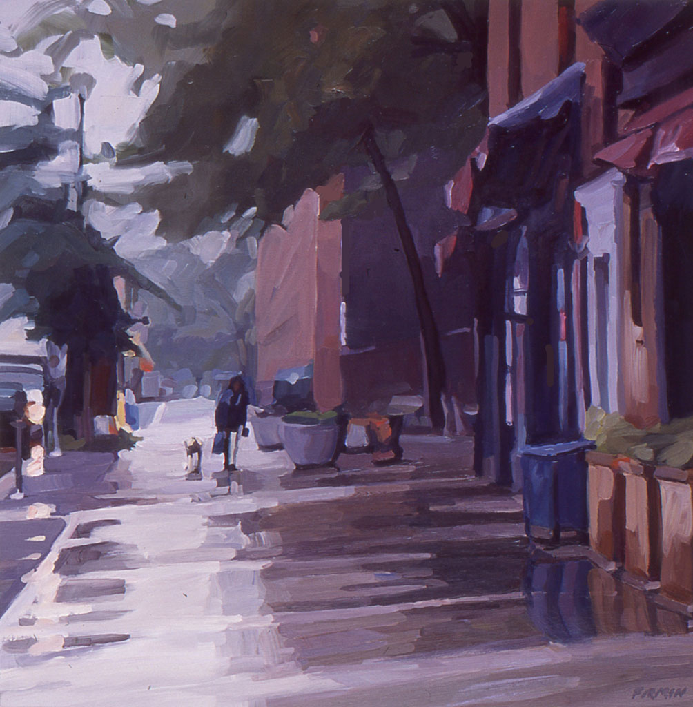 Sixth Ave. in the Rain, oil painting by Lisbeth Firmin