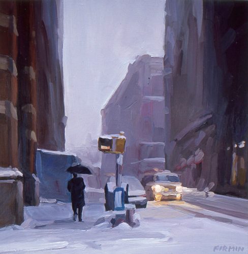 Snowstorm, Prince Street, oil painting by Lisbeth Firmin