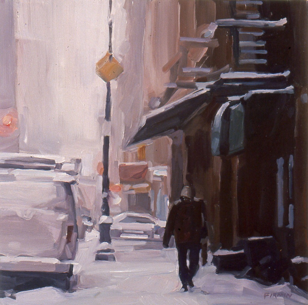 Snowy Morning, Mercer Street, oil on wood panel by Lisbeth Firmin